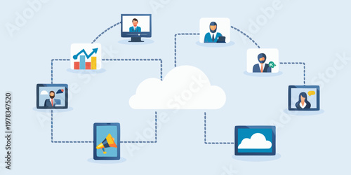 Connected professionals collaborating remotely via cloud technology and various devices