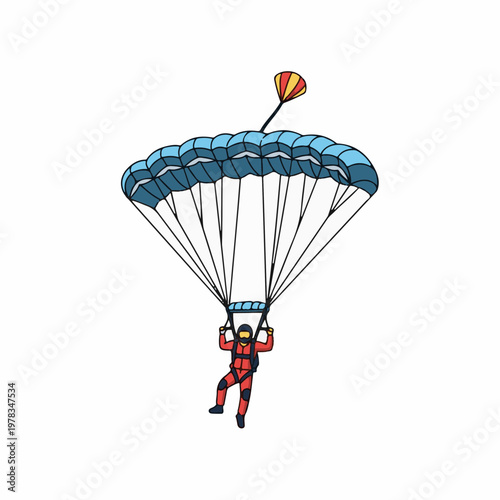 Hand drawn illustration of a skydiver with blue parachute and red suit