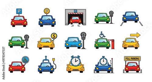 Collection of pixel art cars and parking related icons.