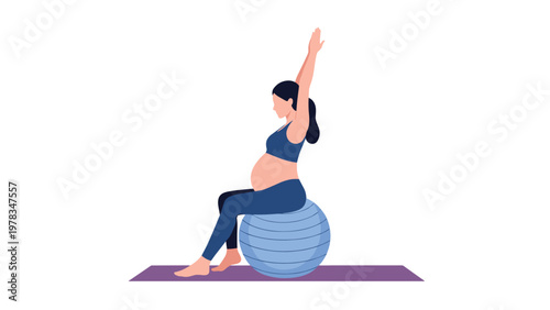 Pregnant woman performing gentle exercises on a blue fitness ball to maintain her health and prepare her body for childbirth during pregnancy.
