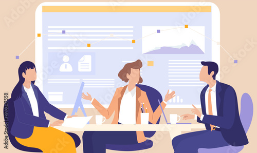  A group of business professionals engaged in conversation and information sharing, representing communication, teamwork, collaboration, networking, and knowledge exchange 
