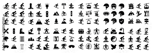 Winter sport icons with skier snowboarder solid