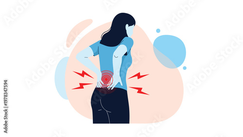 Woman touching her lower back in distress due to acute pain or muscle strain caused by poor posture or heavy lifting in a healthcare scene.