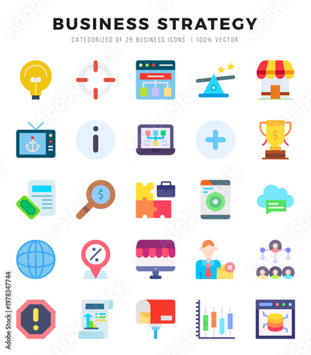 Business Strategy Flat icons collection. 25 icon set in a Flat design.