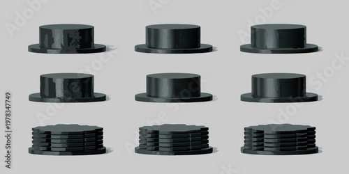 A collection of black top hats in various styles and arrangements