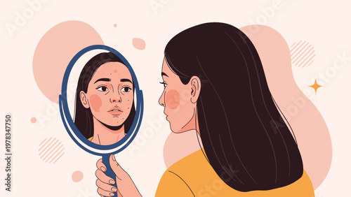 Young woman looking in a mirror and worrying about acne and skin imperfections to highlight common skincare concerns and beauty standards.
