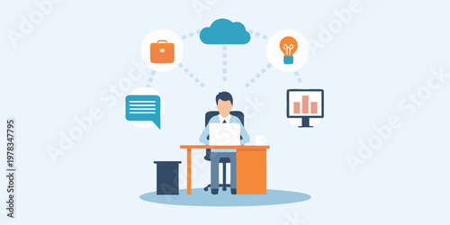 Man working at a desk with ideas and concepts floating above him