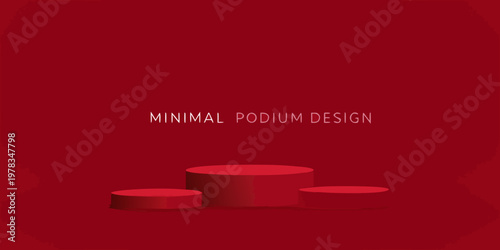 Minimal red podium display with three cylindrical platforms for product showcase