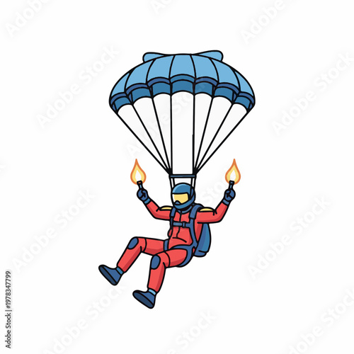 Skydiver with Flares and Blue Parachute Vector Illustration