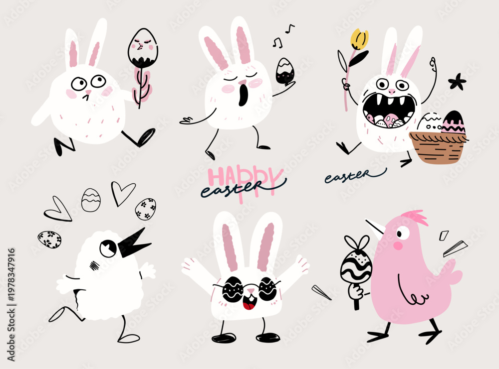 Obraz premium cute easter bunny characters clipart set cartoon vector collection