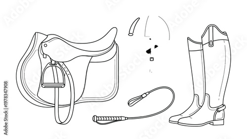 Equestrian Essentials: A detailed illustration showcases essential equestrian gear, including a sleek saddle, riding boots, and a riding crop.