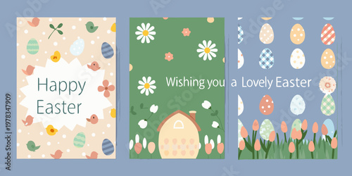 Three pastel easter cards with floral designs and festive greetings