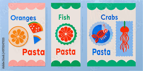 Colorful illustrated panels showcase oranges fish and crabs with pasta
