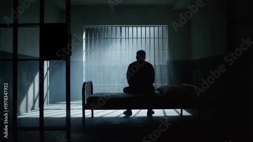 Prison cell interior with silhouette of man sitting on bed in dark cinematic scene featuring jail, bars, window with furniture and isolation elements
