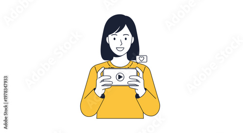 Minimalist illustration of a young woman holding a mobile device capturing content actively
