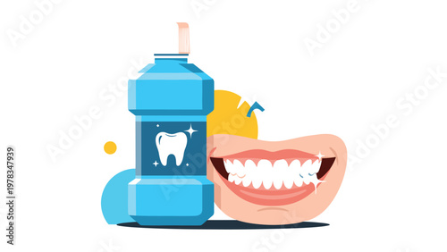 Dental care mouthwash bottle with a smiling human mouth showing clean white teeth and healthy gums illustration.