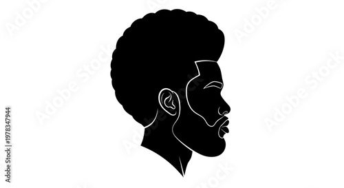 Black man profile silhouette with afro hairstyle and beard, minimalist line art illustration