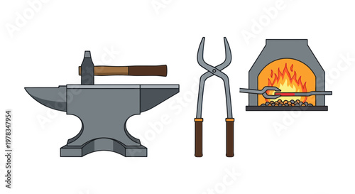 Blacksmith Tools: Anvil, Hammer, Tongs, and Forge with Fiery Heat
