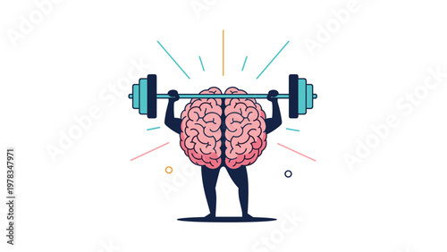 Human brain character lifting a heavy barbell representing mental strength and cognitive intelligence concept illustration.