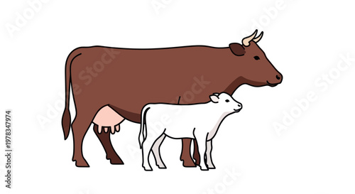 Brown Cow and White Calf Illustration