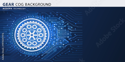 Abstract blue background featuring a central gear and circuit patterns