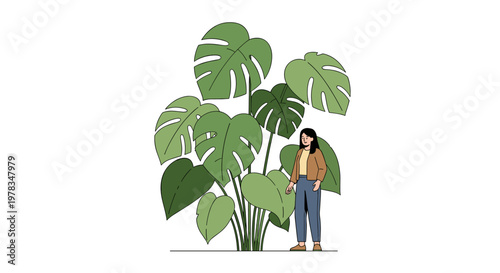 Illustration of woman resting among large green plant leaves 