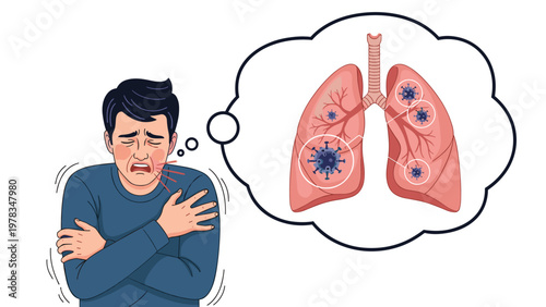 Sick man feeling cold and shivering with thought bubble showing infected human lungs and virus particles illustration.