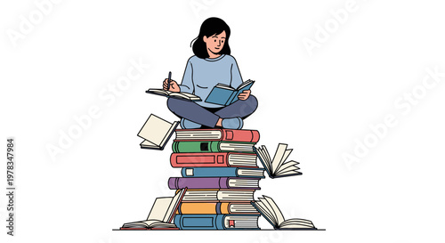Young woman in casual attire studying surrounded by colorful books and literature
