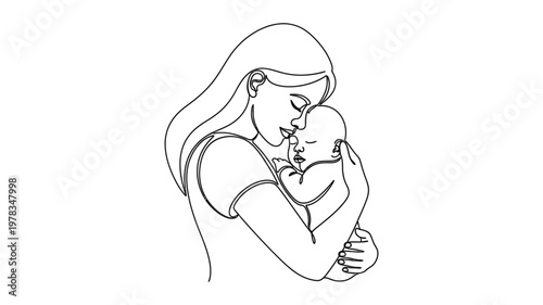 Tender moment of mother holding baby. Continuous line style. Hand drawn. Line art. Vector design. illustrations
