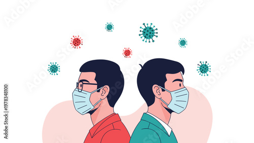 Two men wearing protective medical face masks standing back to back with virus particles floating in the air illustration.