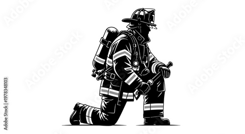 Firefighter Kneeling Heroic Pose, Fireman Uniform, Safety Gear, Silhouette
