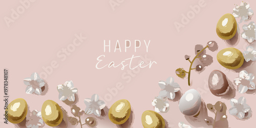 Happy easter greeting with painted eggs and delicate floral branches