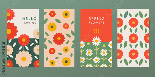 Four vertical floral banners with spring greetings and colorful blooms