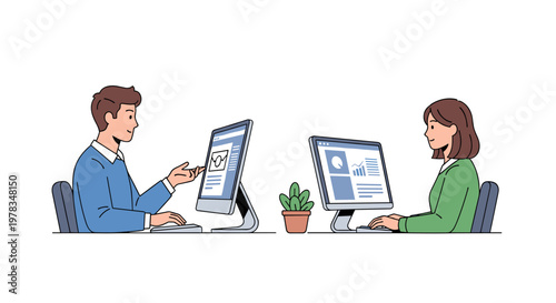 Two Business People Work at Desks with Computers View from Above Modern Art