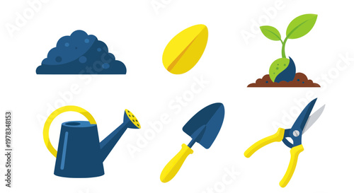 Gardening Tools and Plant Growth Icons: Watering Can, Trowel, Secateurs, Seed, Soil, Sprout