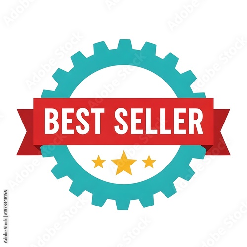 Vibrant Gear Wheel Badge with Red Banner Label Marking Seller Status blue turquoise cog