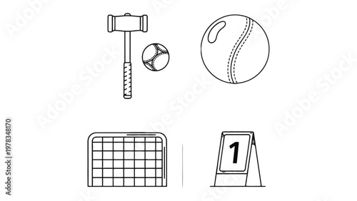 Sports Essentials: A graphic arrangement featuring a hammer, ball, a sphere and a number 1 display alongside with goal net, representing essential sports equipment. 