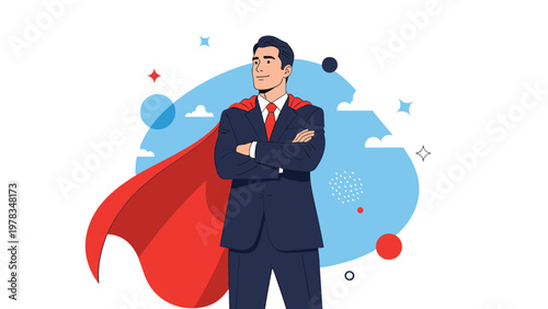 Confident businessman wearing a red superhero cape with his arms crossed representing leadership and power concept.