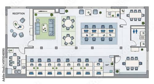 Modern office floor plan with workstations meeting rooms and lounge areas.