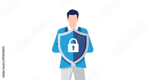Abstract illustration of a person with a shield icon for security and protection