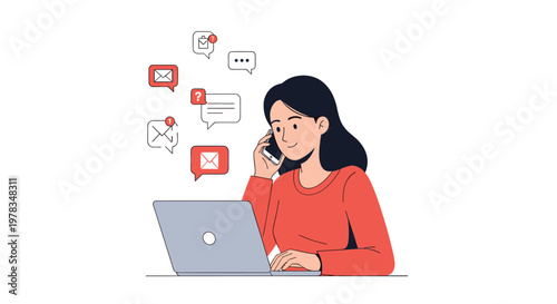 Woman Multitasking with Phone and Laptop while Notification Icons Appear