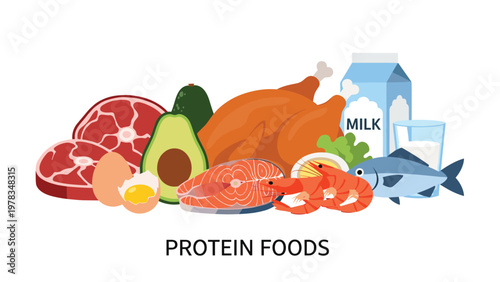 Collection of various high protein foods including chicken steak fish eggs milk and avocado isolated on white.