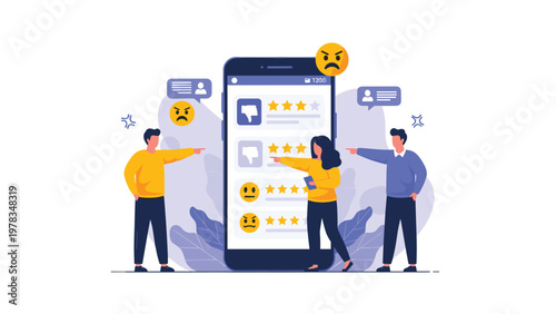 People pointing fingers at a large smartphone showing negative reviews and angry emoji icons concept illustration.