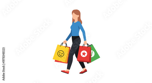 Illustration of a happy woman carry full colorful shopping bags cheerfully