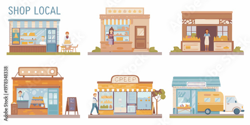 Colorful illustration of diverse storefronts promoting a shop local message