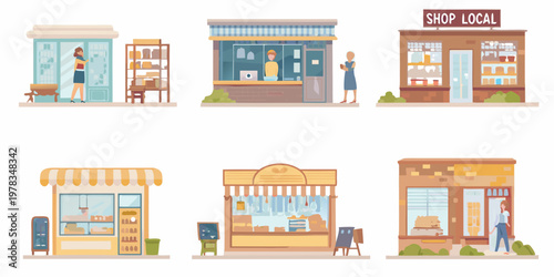 Colorful illustration of various small local businesses and storefronts