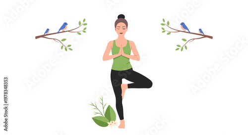 Woman Practice Yoga with Decorative Birds and Leaves on White Background Illustration