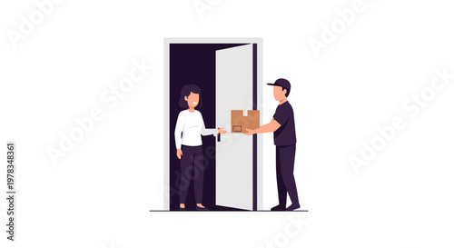 Convenient Home Delivery: Courier Pass Parcel To Client Through Window Opening