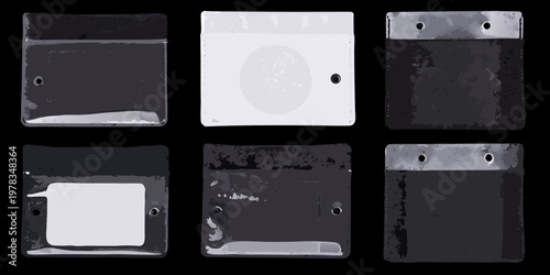 Six monochrome badge or card frames against a black background