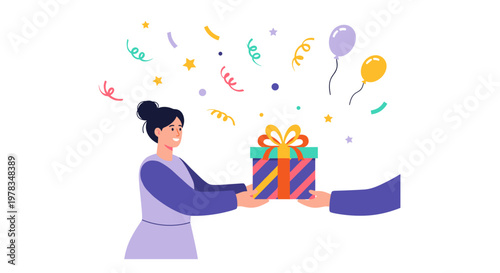 Illustration of person giving gift box to woman with confetti and balloons